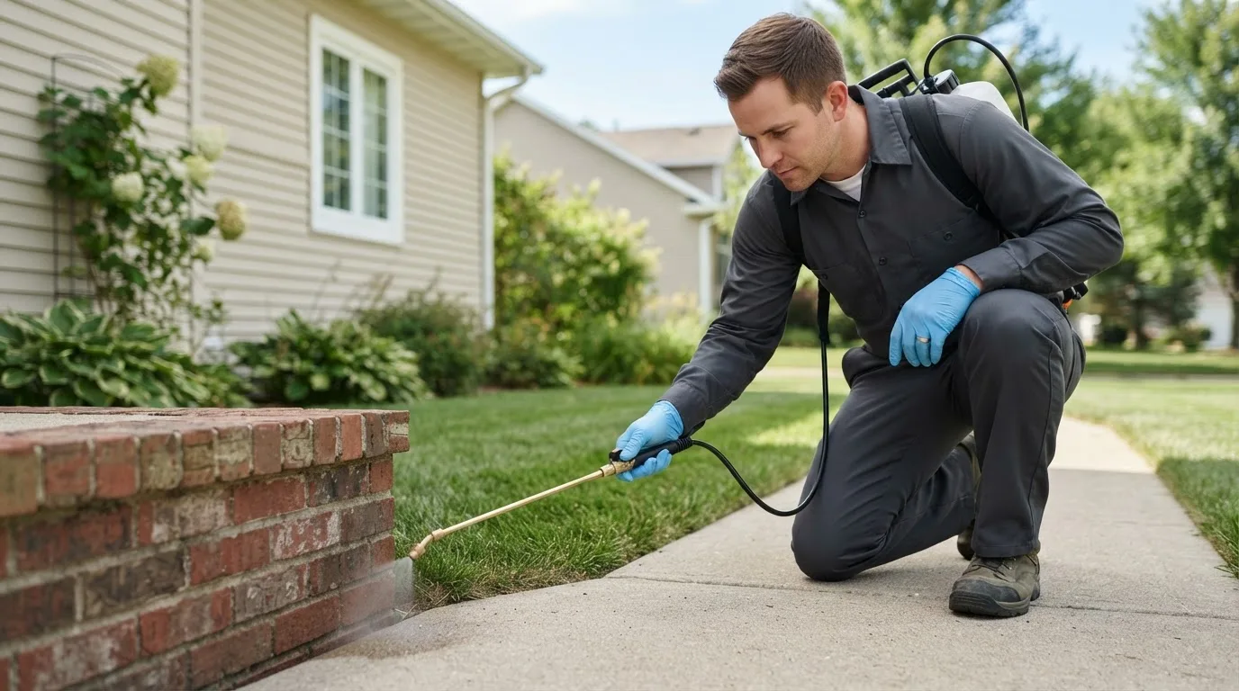 Pest control technician treating a home near Pomeroy, IA