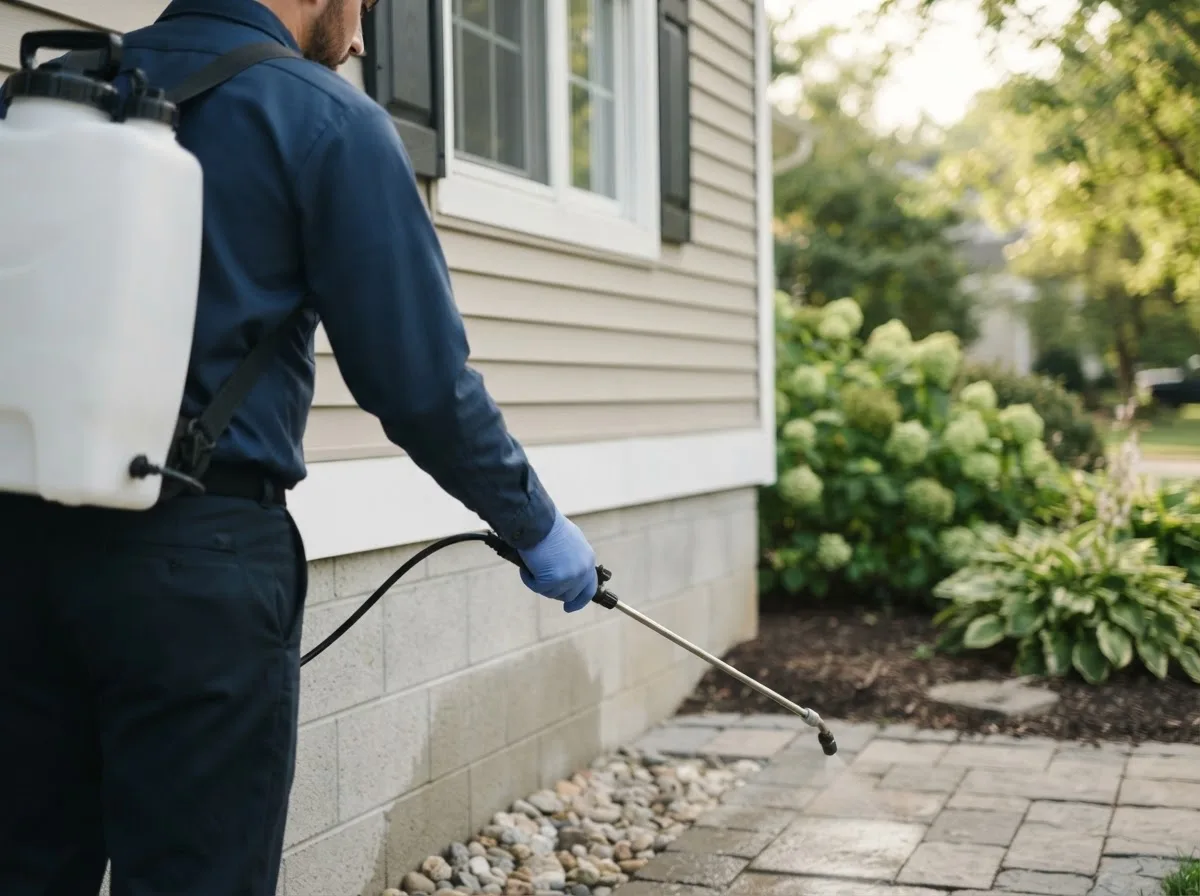 Pest control technician inspecting a home in Pomeroy, IA